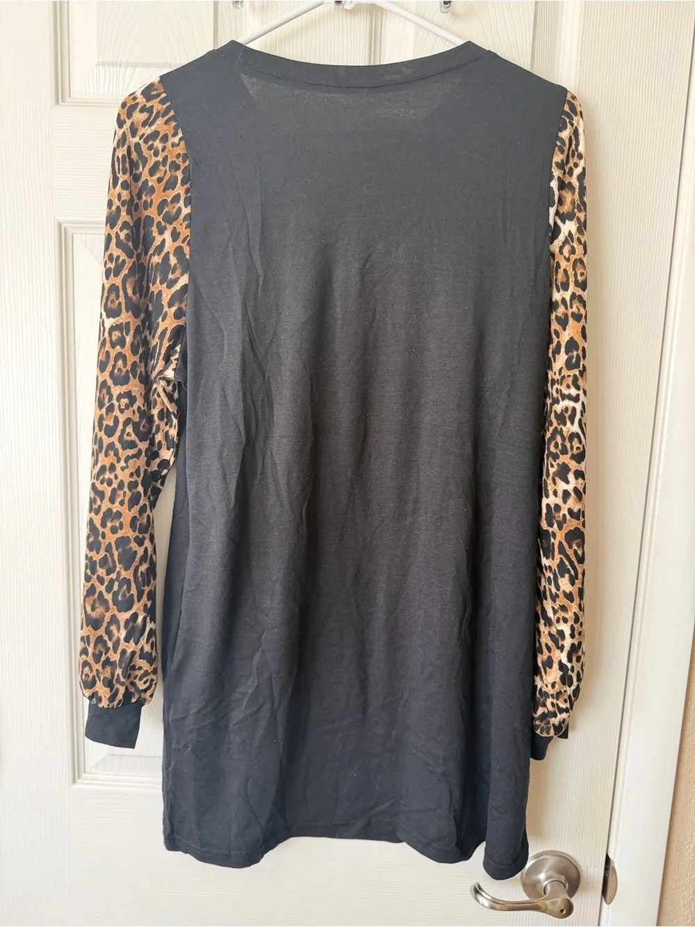 Black Midi Dress with Leopard Print Sleeves - Women
